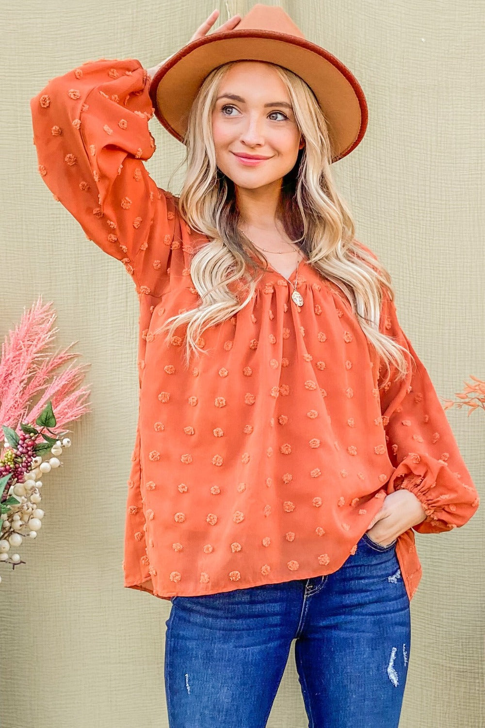 Swiss Dot Balloon Sleeve Blouse