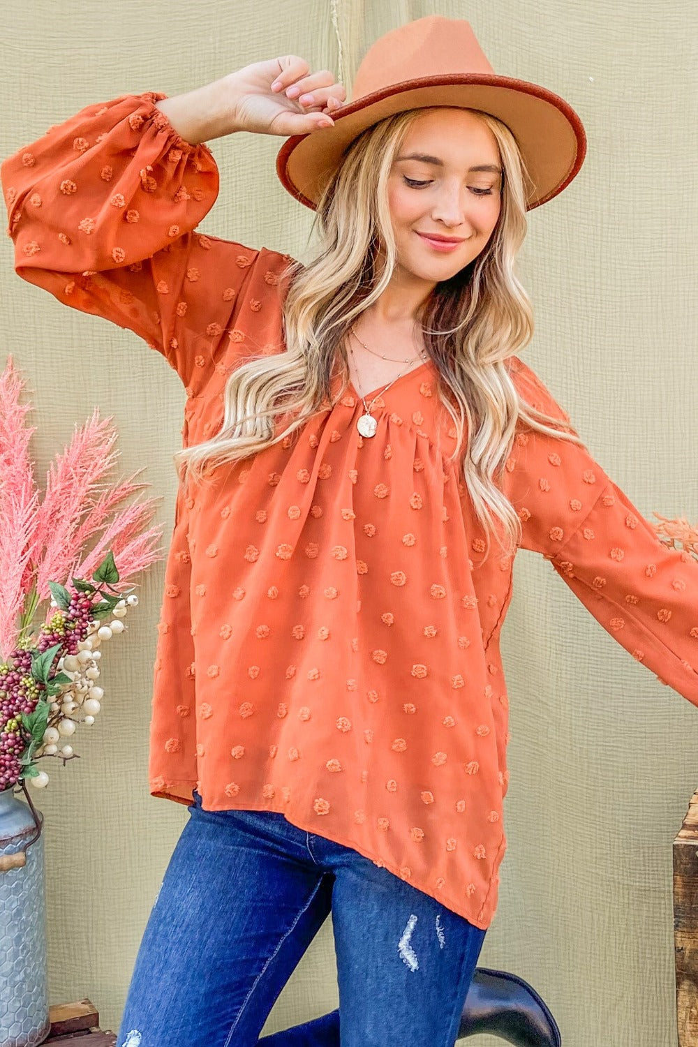 Swiss Dot Balloon Sleeve Blouse