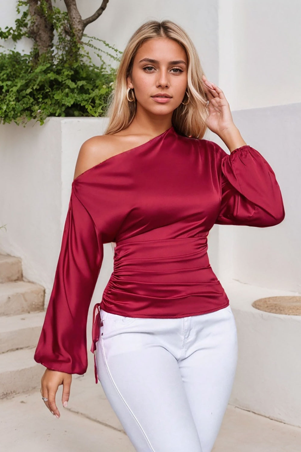 Drawstring Off Shoulder Blouse